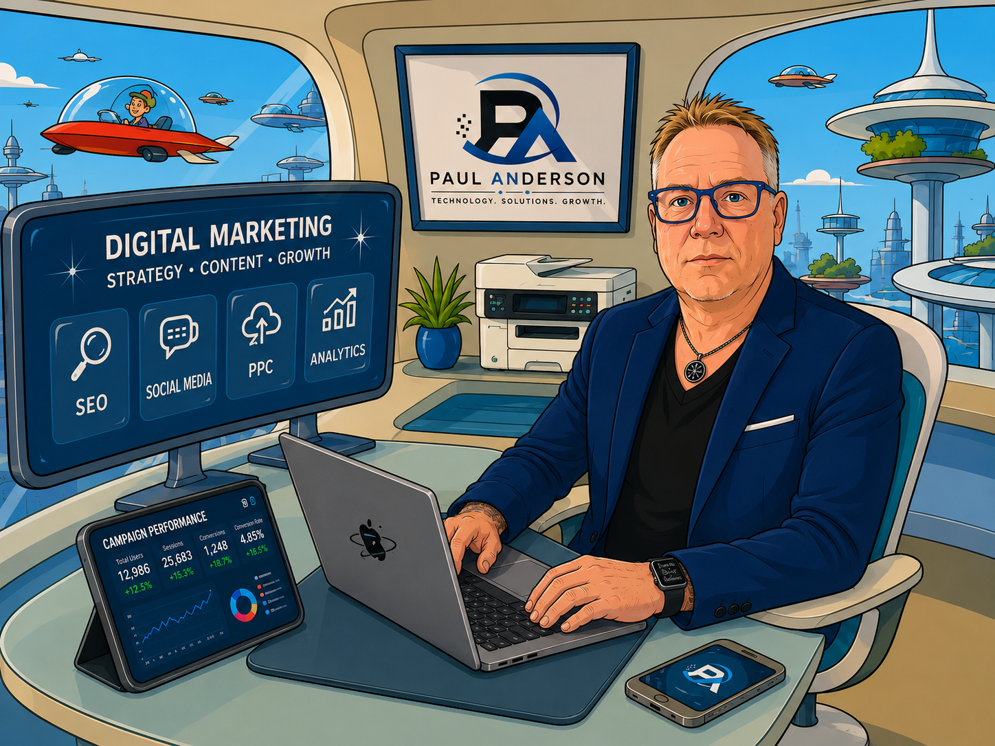 Illustration of Paul Anderson working in a playful retro-futuristic office