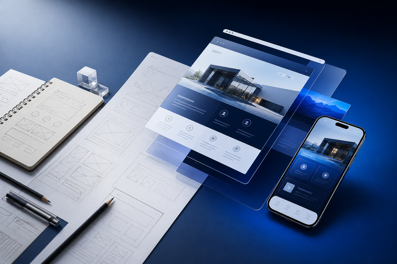 Original AI visualization of a digital product moving from sketches to screens